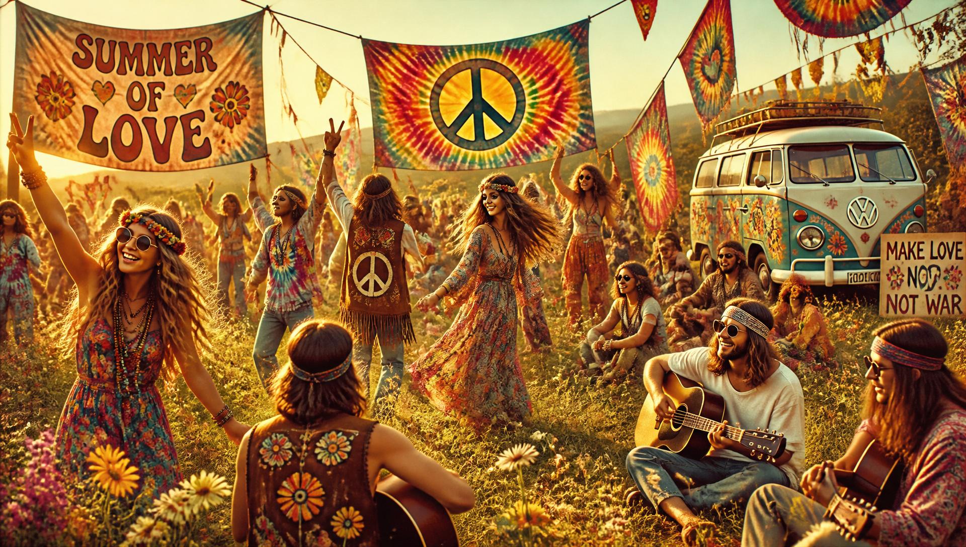 Hippie festival crowd dancing under tie-dye banners and a vintage VW van at sunset